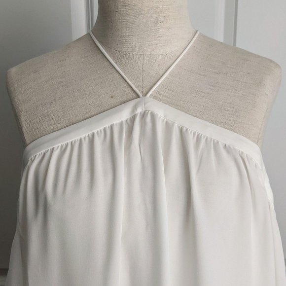 1. State Blouse High Neck Chiffon Sheer Blouson Sleeves Off Shoulder White M NWT - Picture 5 of 14